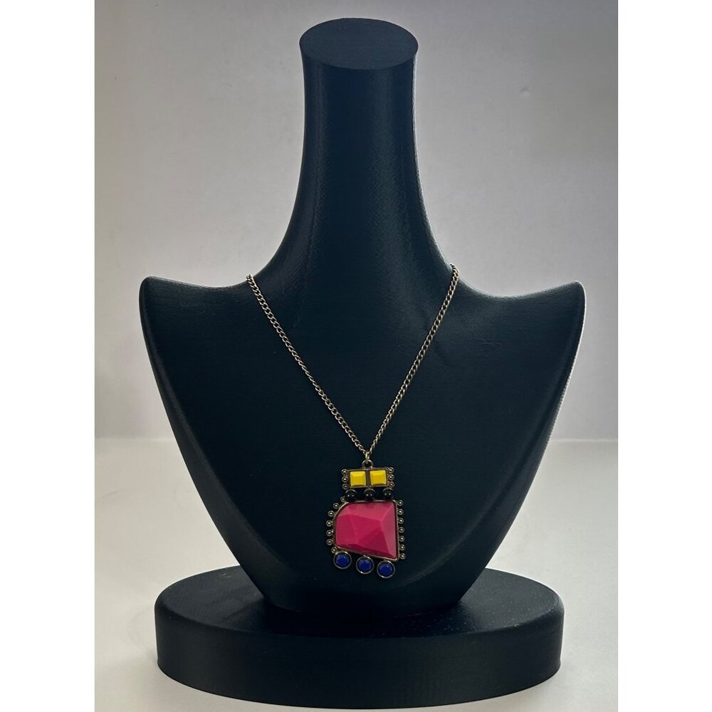 1980s 1990s Funky Bright Colorful Geometric Pendant Necklace Pink Yellow Blue - Picture 7 of 7
